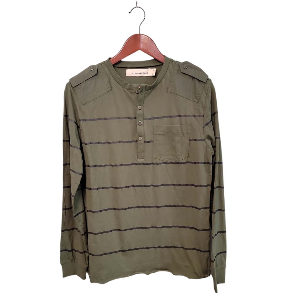 Standard‎ Issue Mens Green Striped Men's Military Style Long Sleeve Shirt Size S